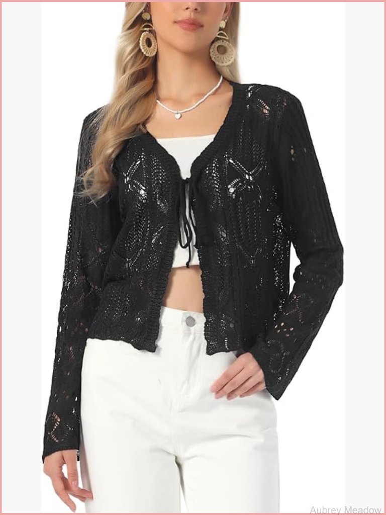 Tie Front Crochet Cardigan Cropped Bolero Shrug Long Sleeve Knit Summer Cover Up